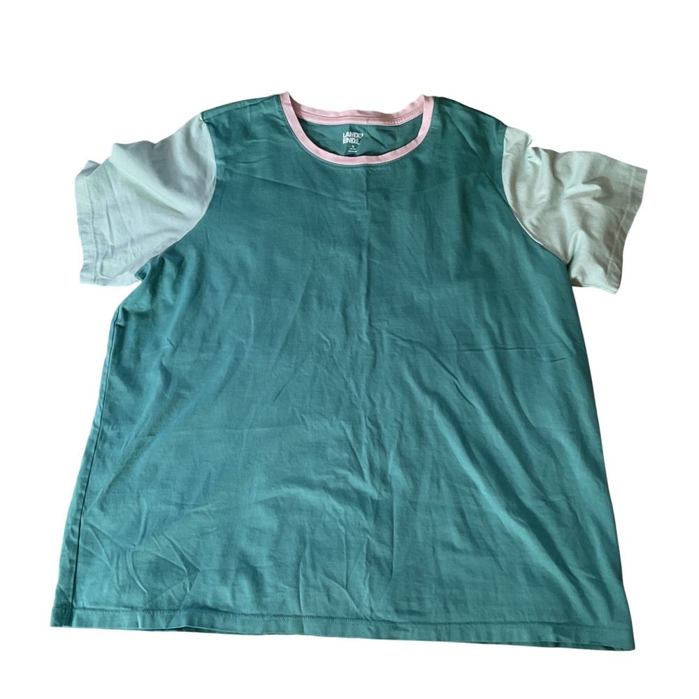 Lands End Womens 1X Teal Green Colorblock Short Sleeve T-Shirt Pink Trim
